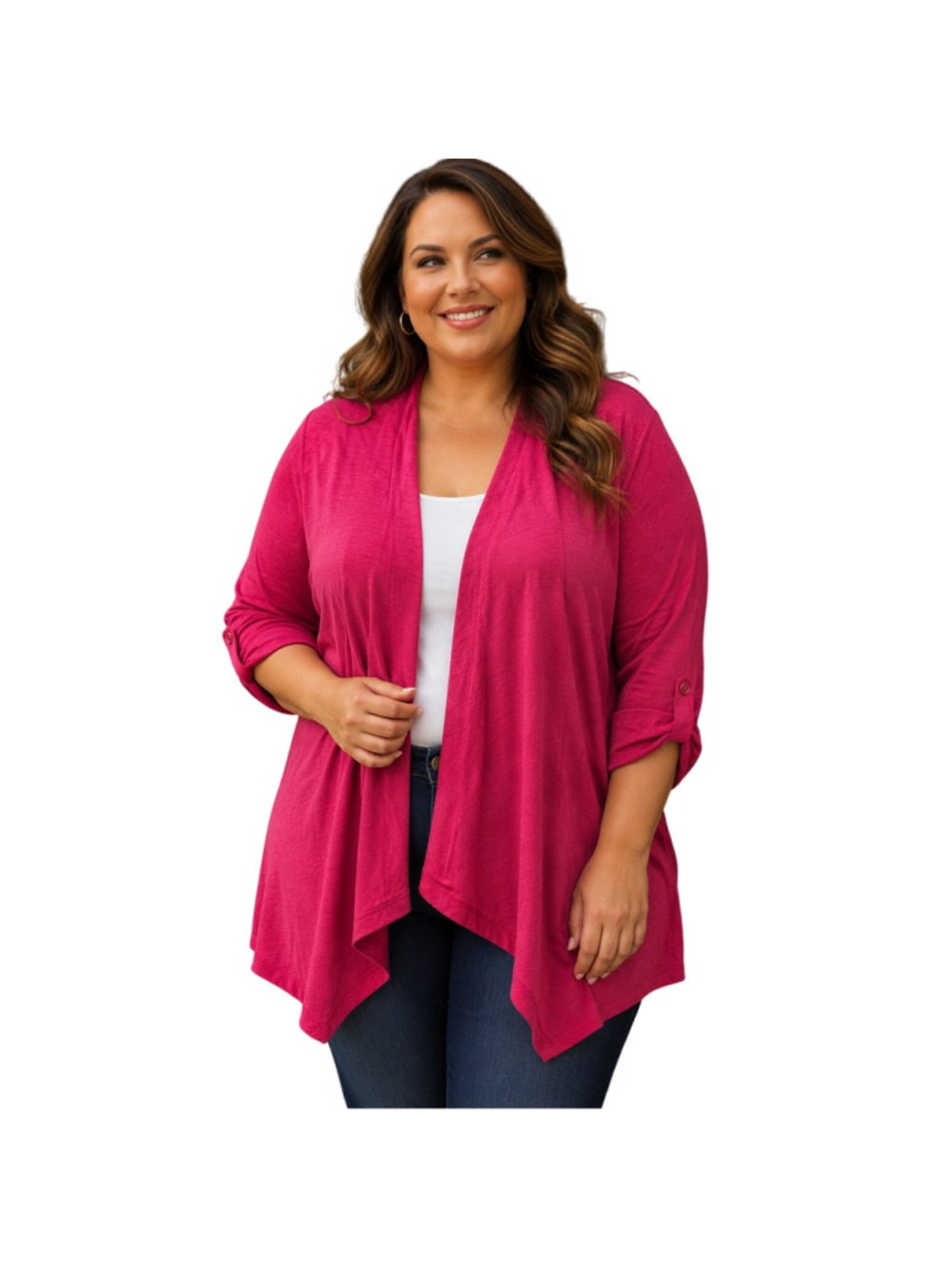 Talbots Hot Pink Open Front Cardigan Roll Tab Sleeve Lightweight sz L career EUC - Picture 1 of 8